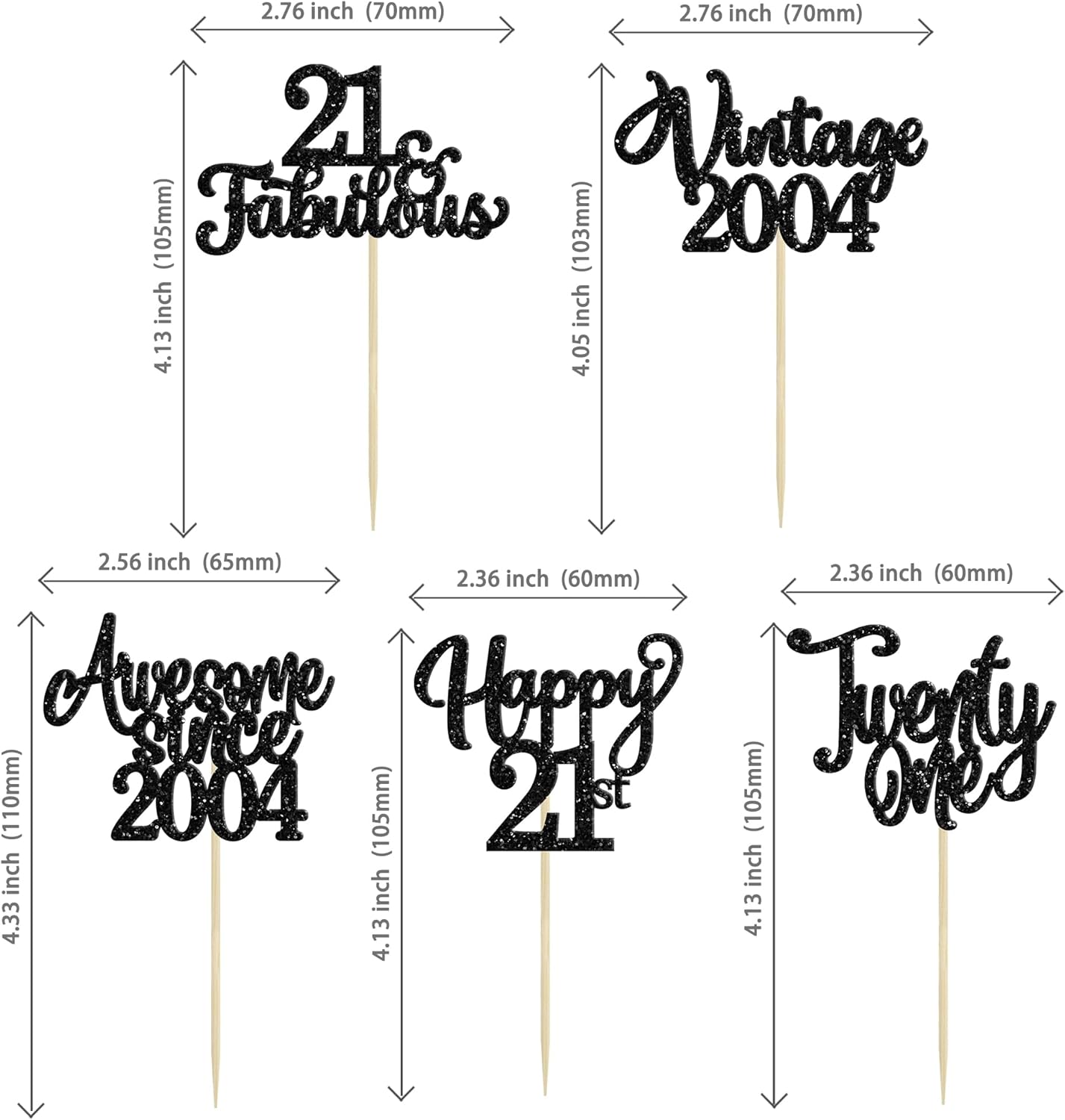 30Pcs Happy 21st Birthday Cupcake Toppers Glitter Awesome Since 2004 Twenty-one 21 Fabulous Vintage 2004 Cupcake Picks for 21st Birthday Anniversary Retirement Party Cake Decorations Supplies Black