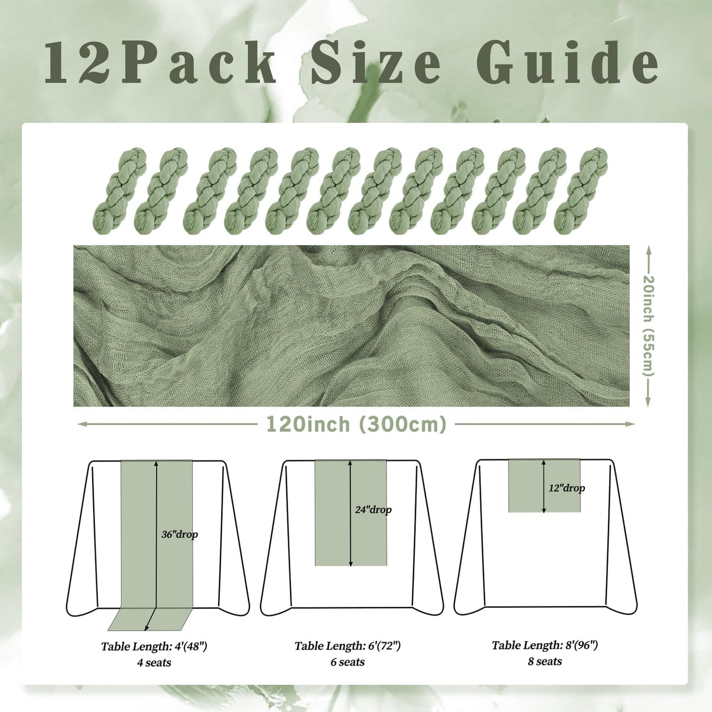12 Pack Sage Green Cheesecloth Table Runner 10FT Rustic Gauze Fabric Cheese Cloth Table Runner for Wedding Bridal Baby Shower Table Decor 20 x 120 Inch Long Boho Sheer Birthday Party Table Decorations