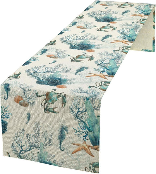 Nautical Coast Table Flag, Ocean Beach Seahorse Shell, Vintage Sailboat Lighthouse Anchor Table Decoration for Indoor and Outdoor Home Party Decor 13x108 Inch