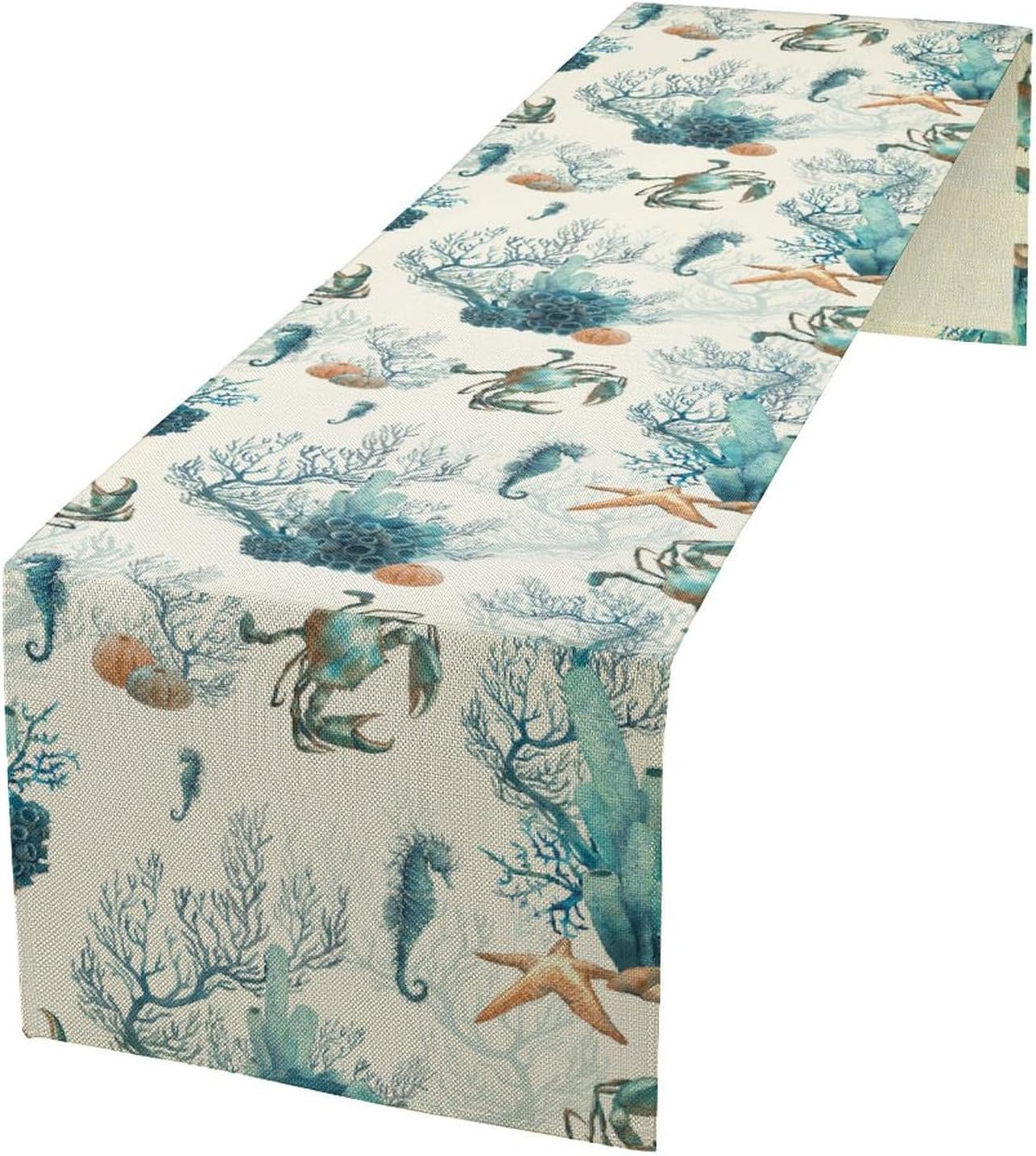 Nautical Coast Table Flag, Ocean Beach Seahorse Shell, Vintage Sailboat Lighthouse Anchor Table Decoration for Indoor and Outdoor Home Party Decor 13x70 Inch