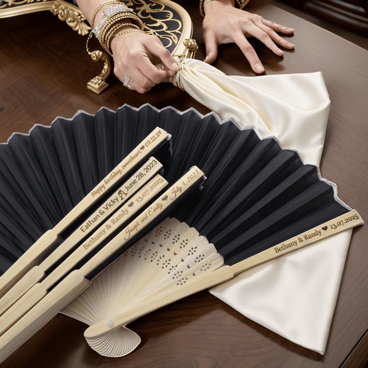 15Pcs Personalized Silk Fans Folding Hand Fan, Custom Wedding Bridal Party Favors, Summer Wedding Bride, Wedding Gift, Thank You Gift (Black)