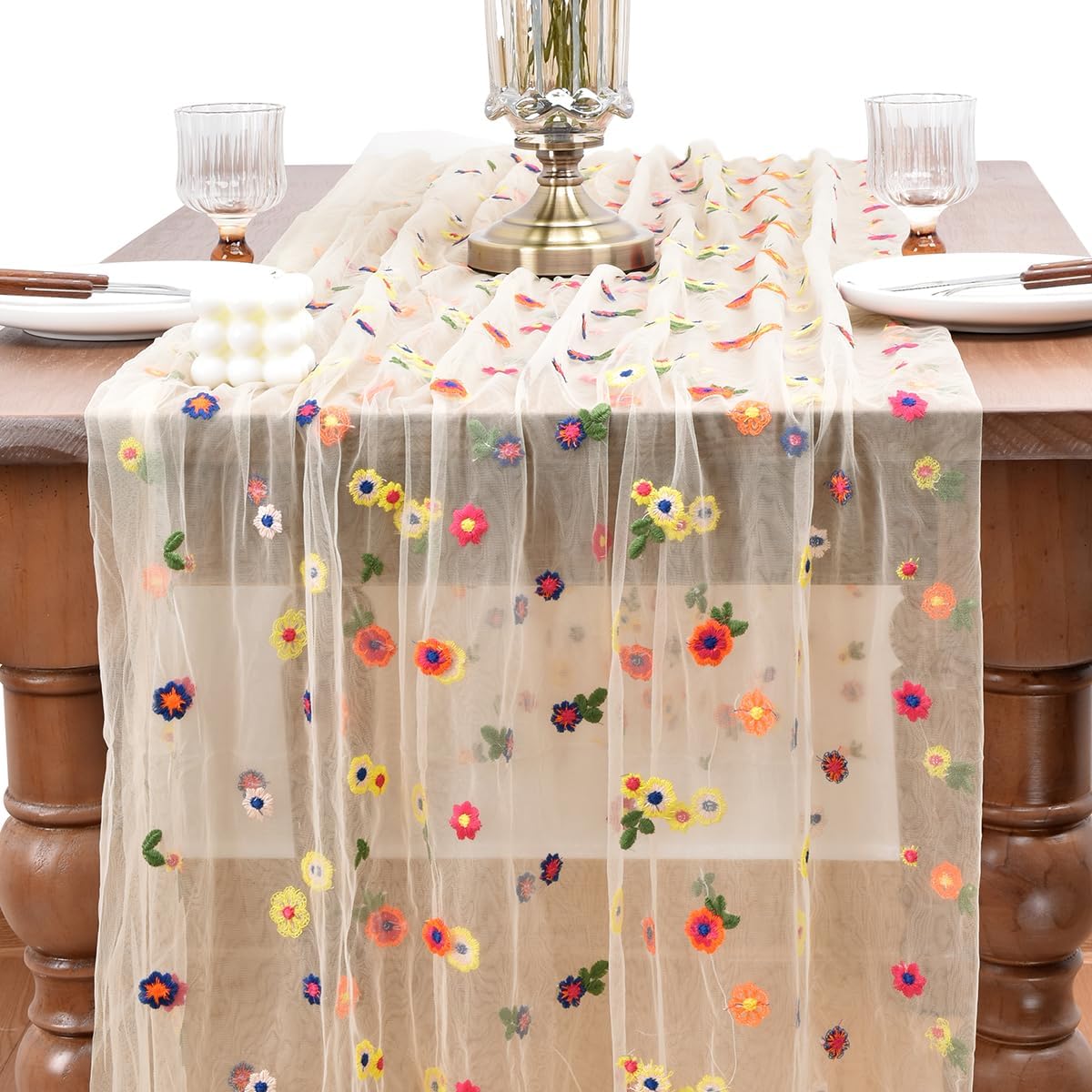 Joanlody 3pcs Champagne Embroidery Daisy Fall ThanksgivingTable Runner 10ft Florals Seasonal Tulle Table Runner Holiday Kitchen Dining Table Decoration for Home Party Indoor