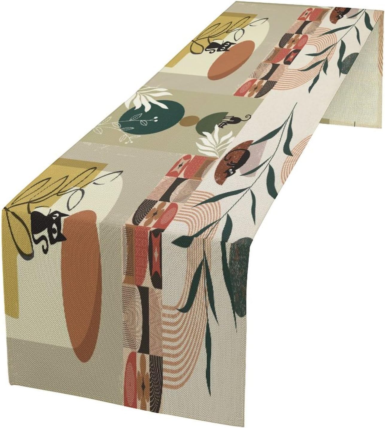 Mid Century Table Runner,Abstract Boho Plant Leaf Botanical Cat Modern Geometric Pattern Print Burlap for Hotel Indoors Outdoor Dining Room Kitchen Home Decor, 13x108in