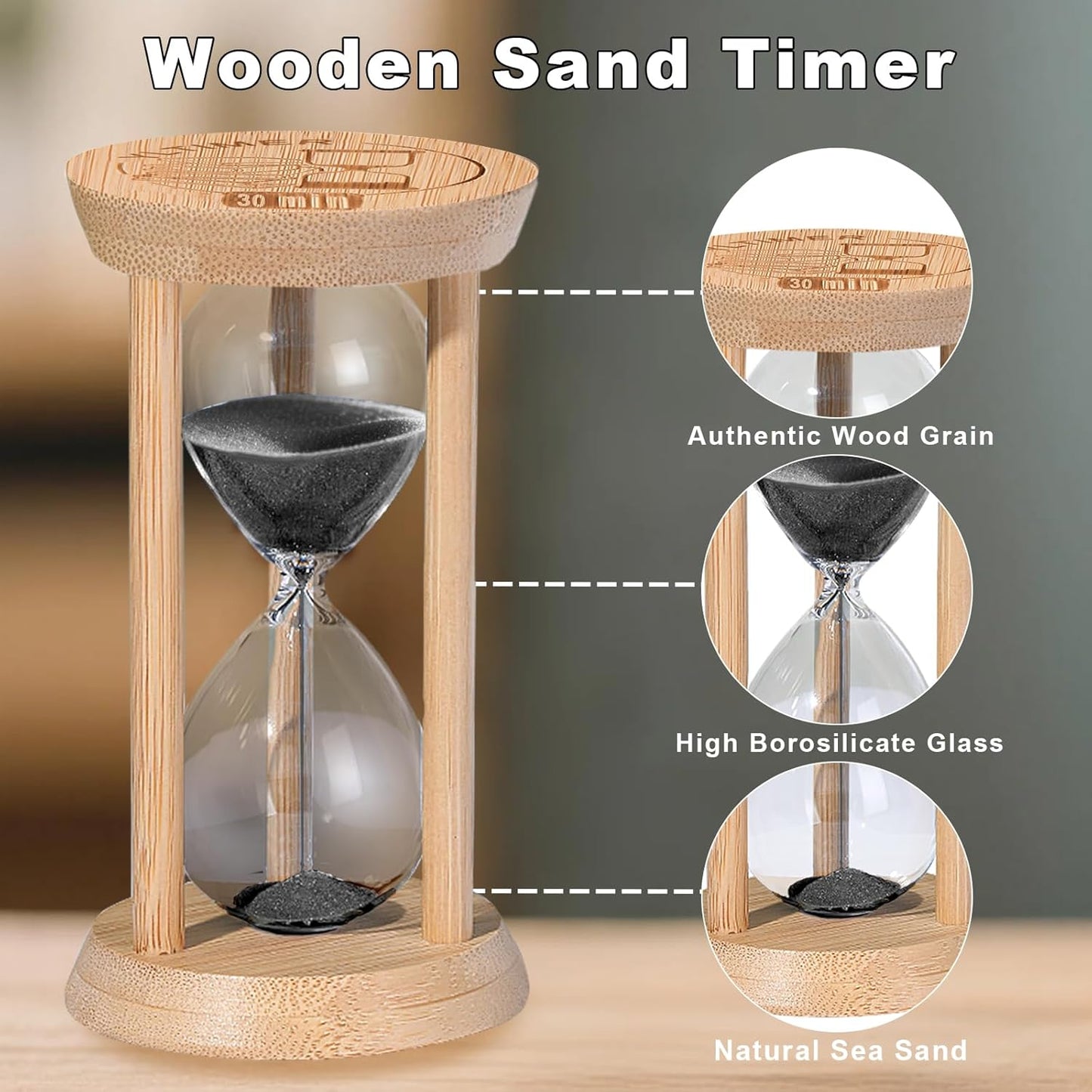 10 Minute Wooden Sand Timers, Bamboo 1Black Sand Hourglass for Productivity, Meditation & Decor, 10min Reloj De Arenai for Kitchen, Office, Yoga, Game, Classroom