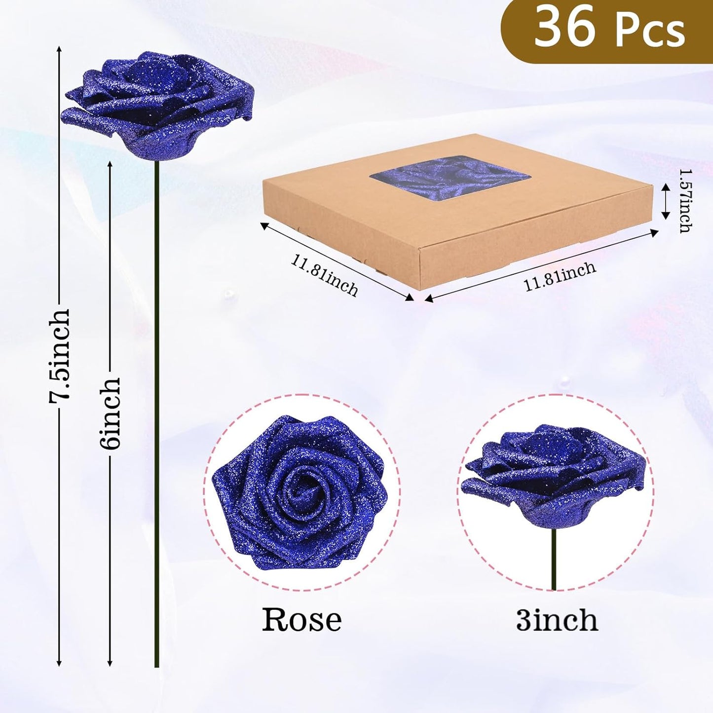 BLEUM CADE 36Pcs Artificial Flowers Fake Roses with Stems, Blue Glitter Boxed Foam Roses for DIY Bouquets Centerpieces Wedding Party Arrangement Bridal Shower Decor