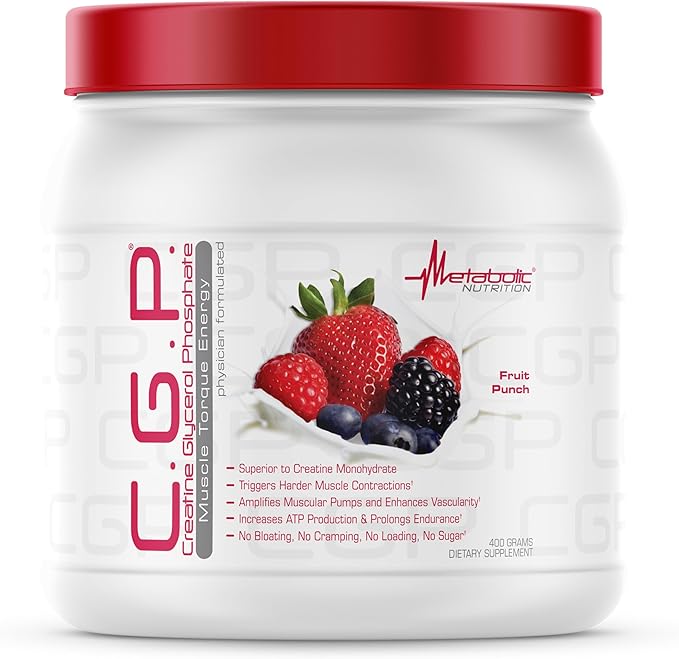 Metabolic Nutrition, CGP, Creatine Glycerol Phosphate, 100% Micronized Creatine Powder, Pre Intra Post Workout Supplement, Fruit Punch, 400 Grams (40 Servings)