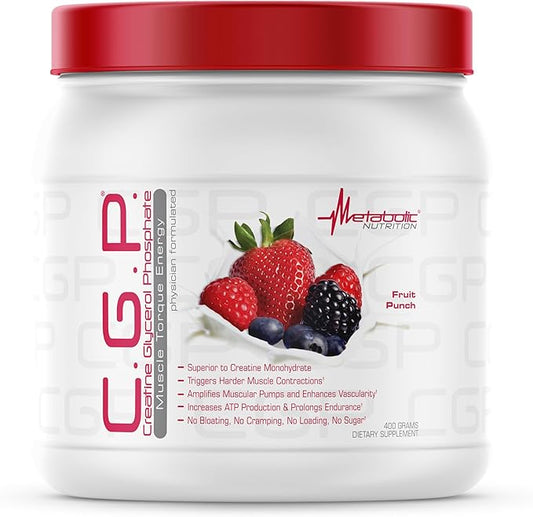 Metabolic Nutrition, CGP, Creatine Glycerol Phosphate, 100% Micronized Creatine Powder, Pre Intra Post Workout Supplement, Fruit Punch, 400 Grams (40 Servings)