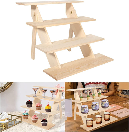 ZYP 4 Tier Wood Cupcake Display Stand,Retail Cookie Display Riser,Rustic Tiered Table Display Stand for Vendors Home Wedding Party,Nature
