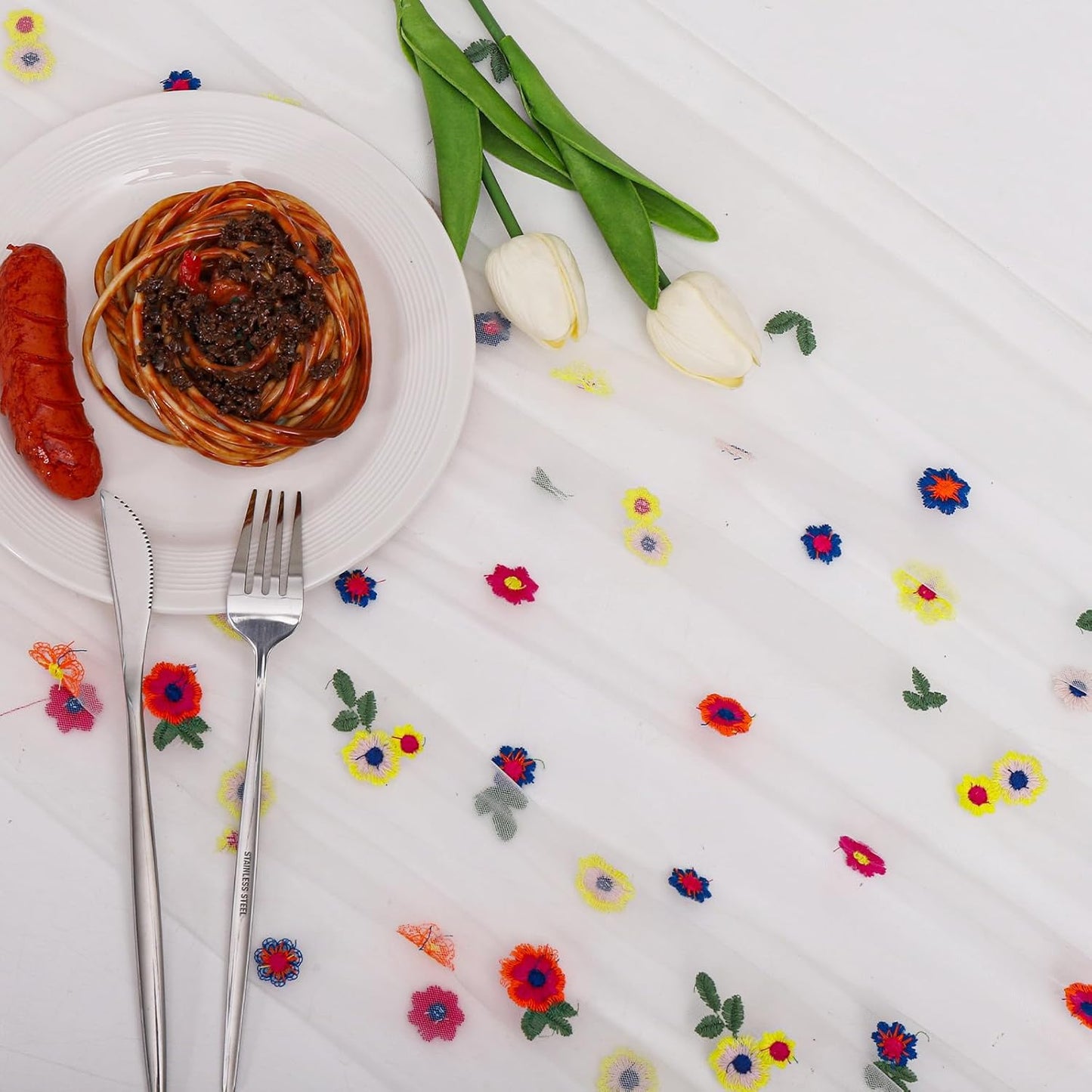 BINBE 3pcs Ivory Daisy Fall Table Runner Embroidery Gauze 10FT Florals Seasonal Tulle Holiday Birthday Kitchen Dining Table Decor for Home Party