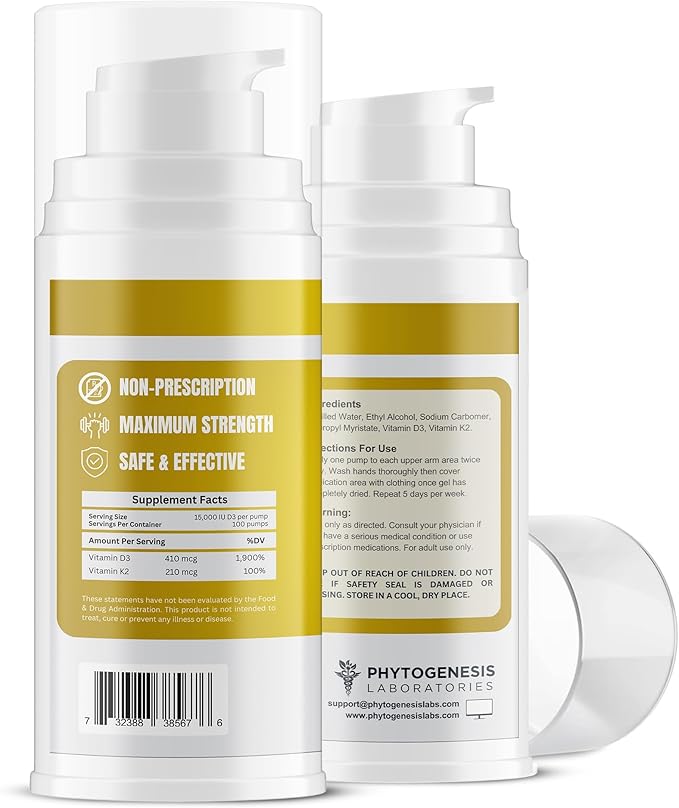 Vitamin D3 K2 Maximum Strength Topical Gel - 15000+ IU Per Pump - The Sunshine Vitamin - Supports Bone & Joint Health, Immune Support - One Month Supply