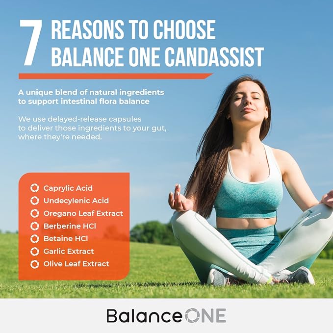 Balance ONE Candida Support with Caprylic Acid, Berberine & Oregano Leaf Extract – Supports Healthy Yeast Balance & Gut Flora – Delayed Release Capsules, 1 Month Supply, for Women & Men – CandAssist