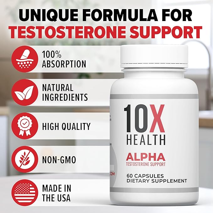 10X Health Alpha Testosterone Supplement for Men - 60 Capsules Mens Testosterone Supplement with Tongkat Ali 1000mg - Strength, Vitality & Muscle Growth Supplements for Men
