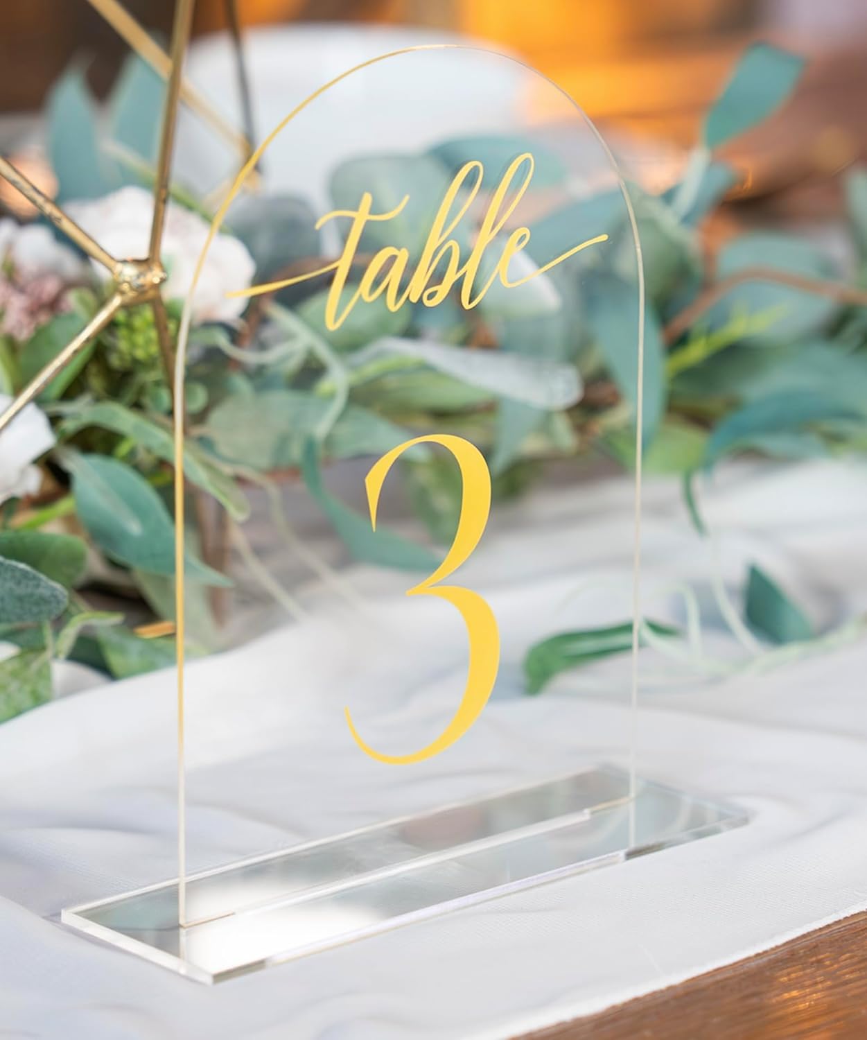 Clear Arch Acrylic Table Numbers for Wedding Reception - 5" x 7" Gold Font Centerpiece Set with Holder Stands & Head Table Sign - Anniversary, Event, Party, Wedding set 1-10