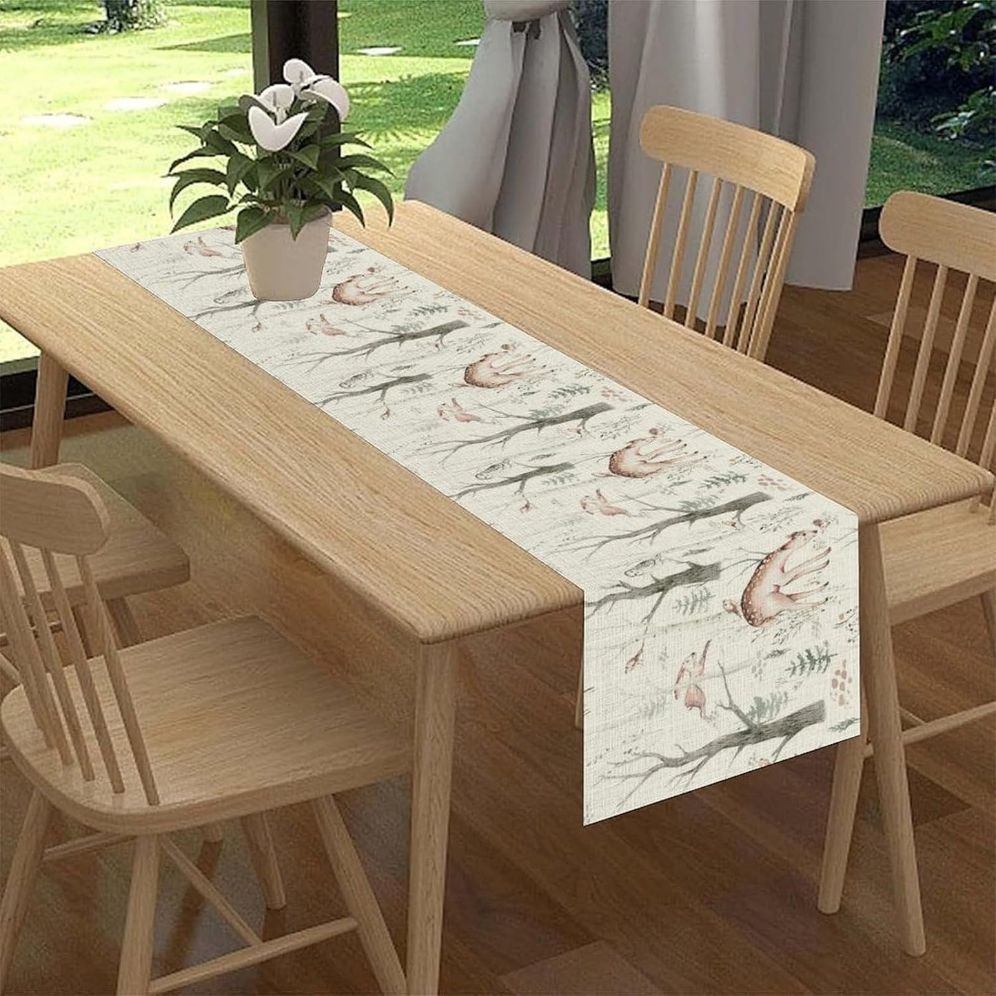 Rustic Woodland Table Runner, Farmhouse Forest Animals Country Lodge Wild Hunt Deer Rabbits Table Center Decor for Home Kitchen Dining Patio Holiday Party Indoor Table Decorations, 13"x36" Inch