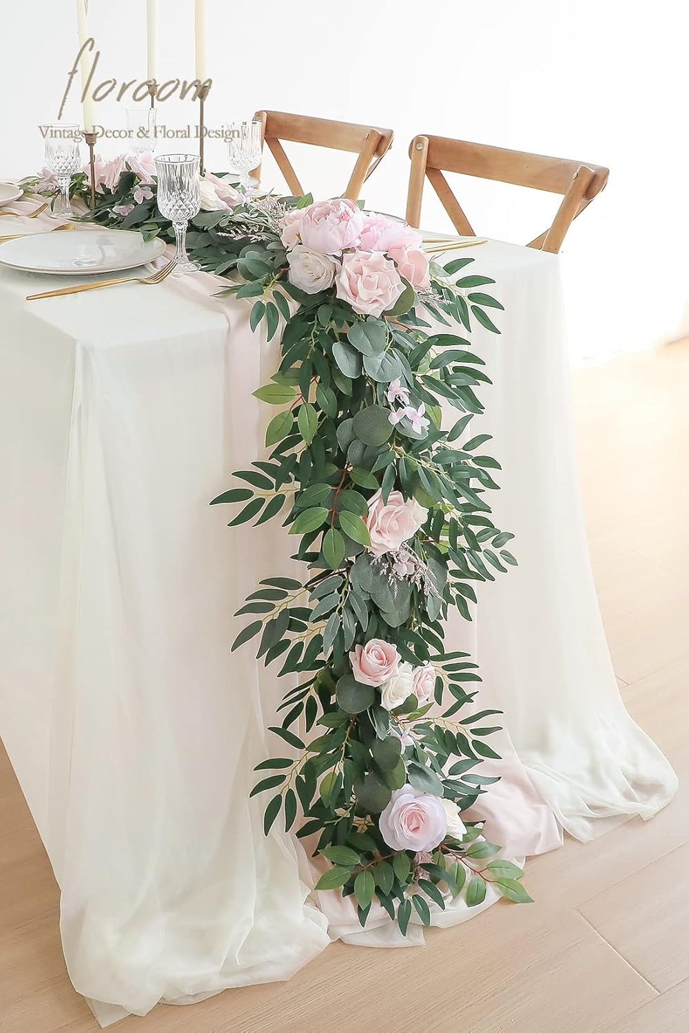Floroom 6ft Artificial Eucalyptus Garland with Flowers Fake Greenery Faux Floral Vine Garland for Table Decor Wedding Centerpieces Bridal Shower Party Decorations, Blush & Cream