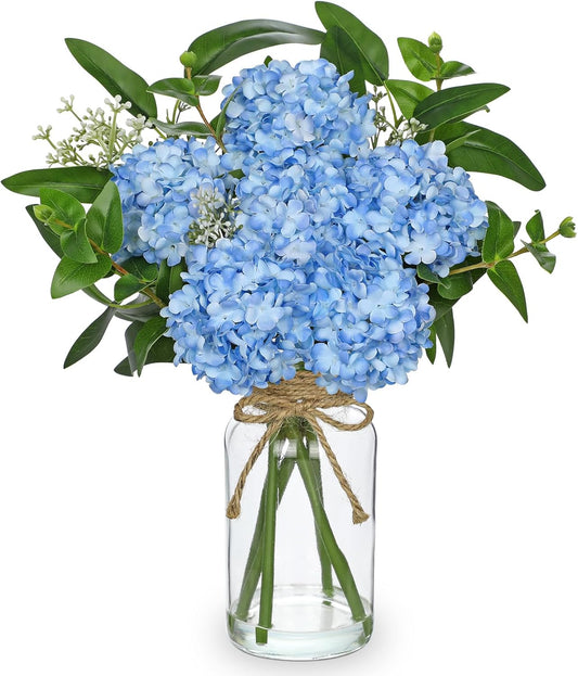Hollyone Blue Hydrangea Artificial Flowers in Clear Glass Vase with Faux Water Silk Hydrangeas Fake Flowers Floral Arrangement for Home Bathroom Kitchen Office Table Centerpiece Shelf Decorations