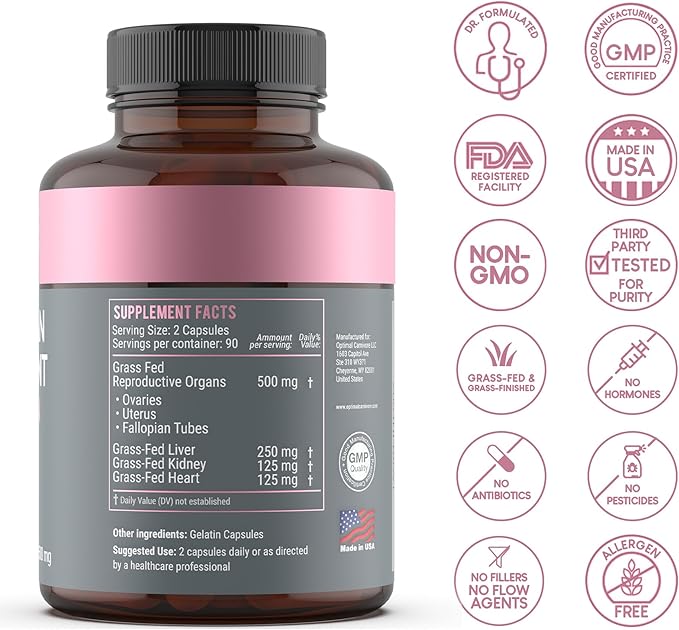 Beef Organ Supplement for Women, Primal & Ancestral Organ Meat Supplements with Uterus & Liver for Hormone Balance & Energy - 90 Day Supply