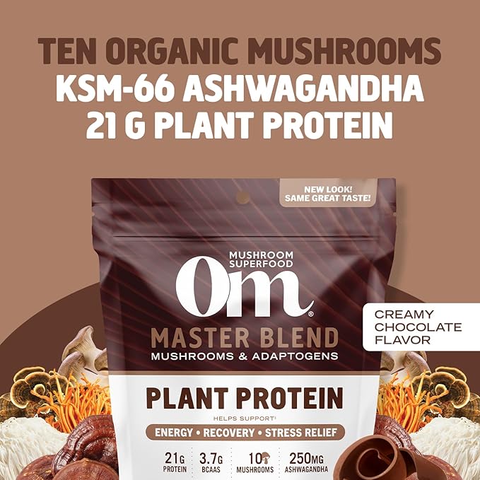 OM MUSHROOM SUPERFOOD Master Blend Creamy Chocolate Protein Powder, 16 Servings, Plant-Based with 10 Mushroom Complex for Recovery & Energy, GLP-1 Support