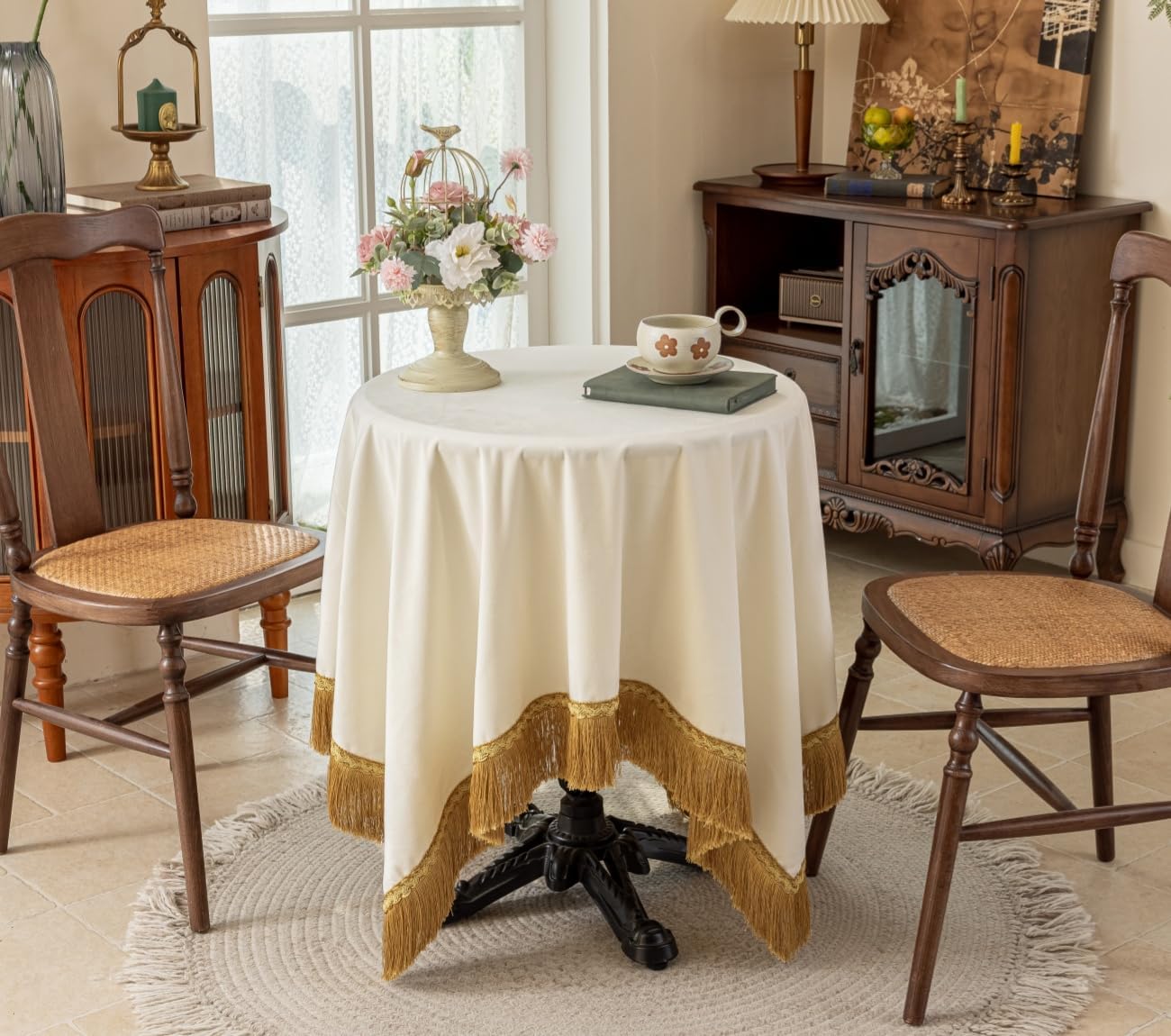 F-CHU White Tablecloth Thickset Velvet Tablecloth with Beautiful Gold Tassels Vintage Table Cloth for Home Decor Wedding, Party, Banquet and Events 60x60-Inch