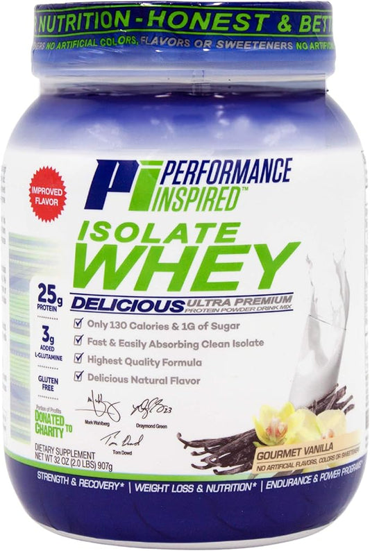 Performance Inspired Nutrition Isolate Whey Protein Powder - All Natural - 25G - Fast Absorbing & Clean - Added L-Glutamine - Contains BCAAs - Vanilla - 2lbs