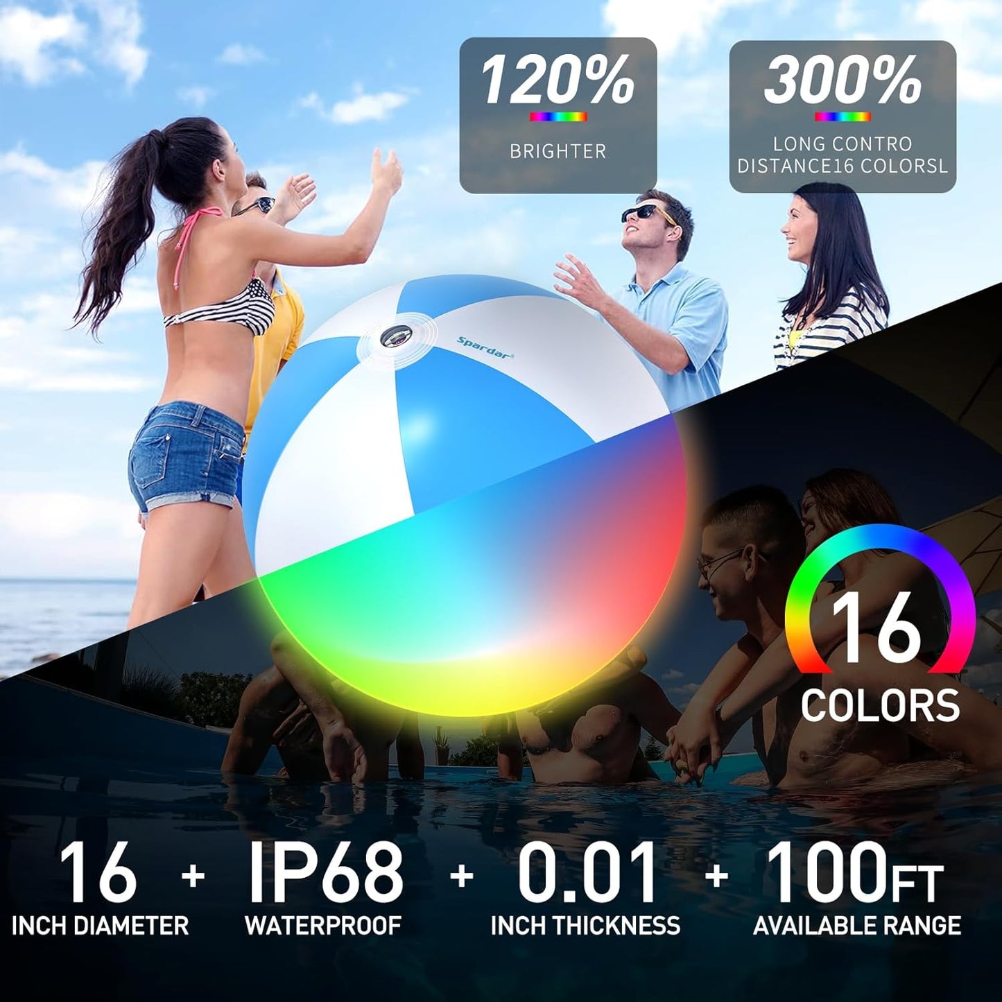 Spardar LED Beach Balls, 4 Pack 16 Inch Light up Beach Balls with Remote Control, Balloon Pump, 16 Colors Lights and 4 Light Modes Pool Toy for Pool Garden Decorations（4 Blue）