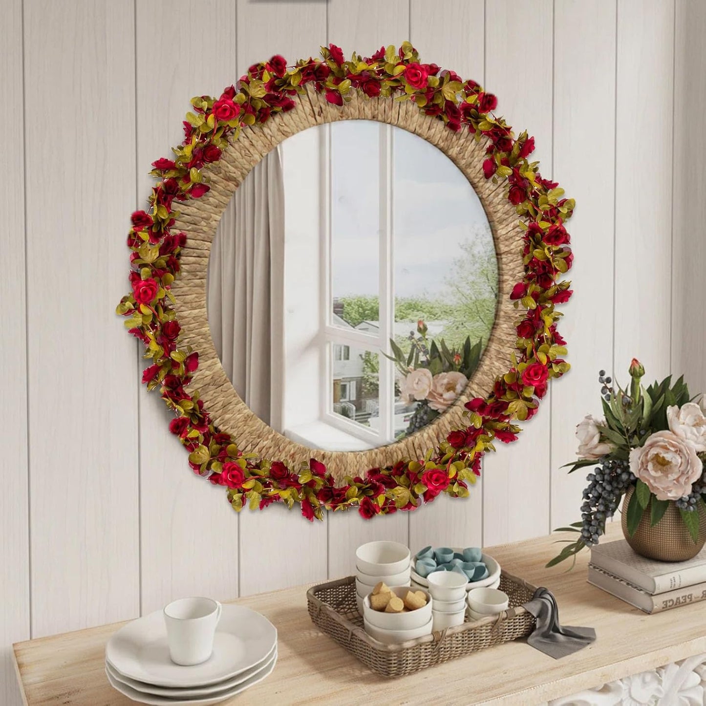 16Pcs 126Ft Burgundy Rose Garland, Fake Rose Hanging Flowers, Artificial Flower Vine, Hanging Floral Vine Garland for Wedding, Birthday Party, Wall Arch, Halloween, Christmas Garden Backdrop Decor