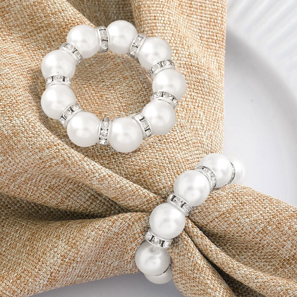 30Pcs Pearl Napkin Rings, Round Napkin Buckles Wedding Beaded White Napkin Rings Silver Napkin Ring Holder for Formal Dinner Reception Party Banquet Table Decor (Sliver)
