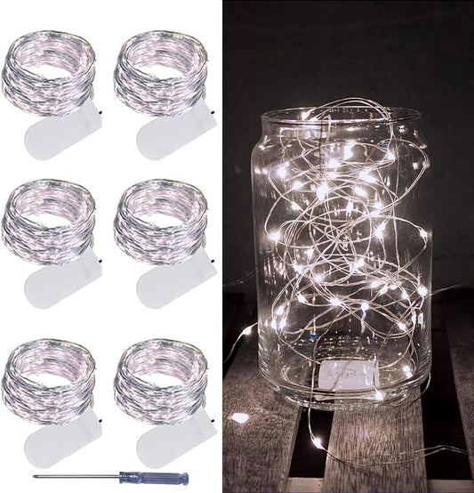 LAMPHOME 6 Pack Fairy Lights Battery Operated String Lights 6.6ft 20 Led Mason Jar Lights Waterproof Silver Wire Light Fireflies DIY Party Wedding Christmas Decoration(6 Pack,White)