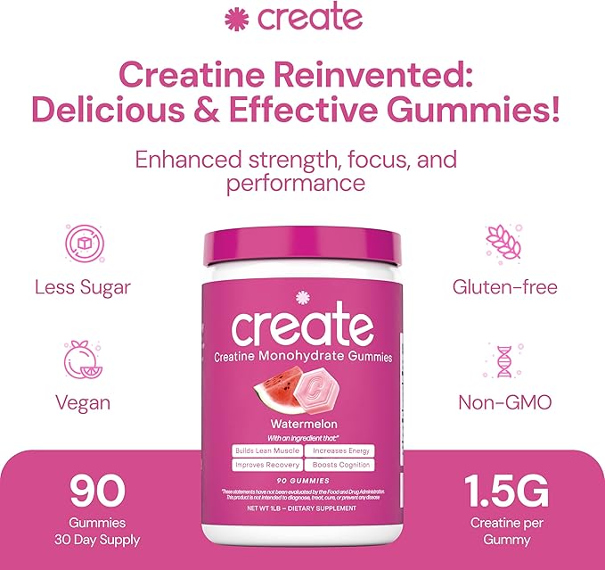 Create Creatine Monohydrate Gummies for Men & Women - Boost Focus, Strength, and Endurance, Anti-Melting Formula, Vegan, Gluten-Free, Non-GMO, 1.5 Gram Creatine per Gummy (Watermelon, 90 ct)