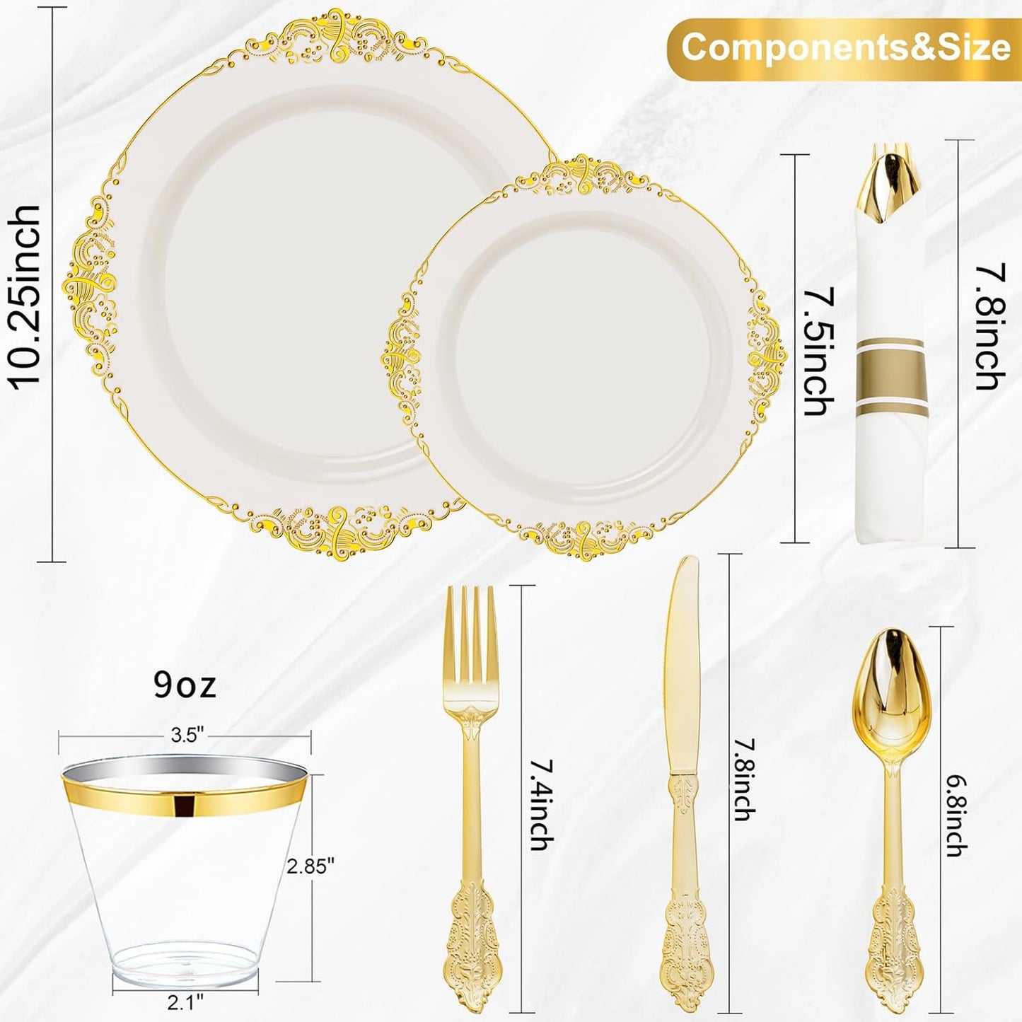 Nervure 350PCS Ivory Plastic Plates - Ivory Gold Plastic Dinnerware Sets for 50 Guests - 100 Gold Disposable Plates, 50 Pre Rolled Silverware Sets, 50 Cups Perfect for Wedding & Thanksgiving