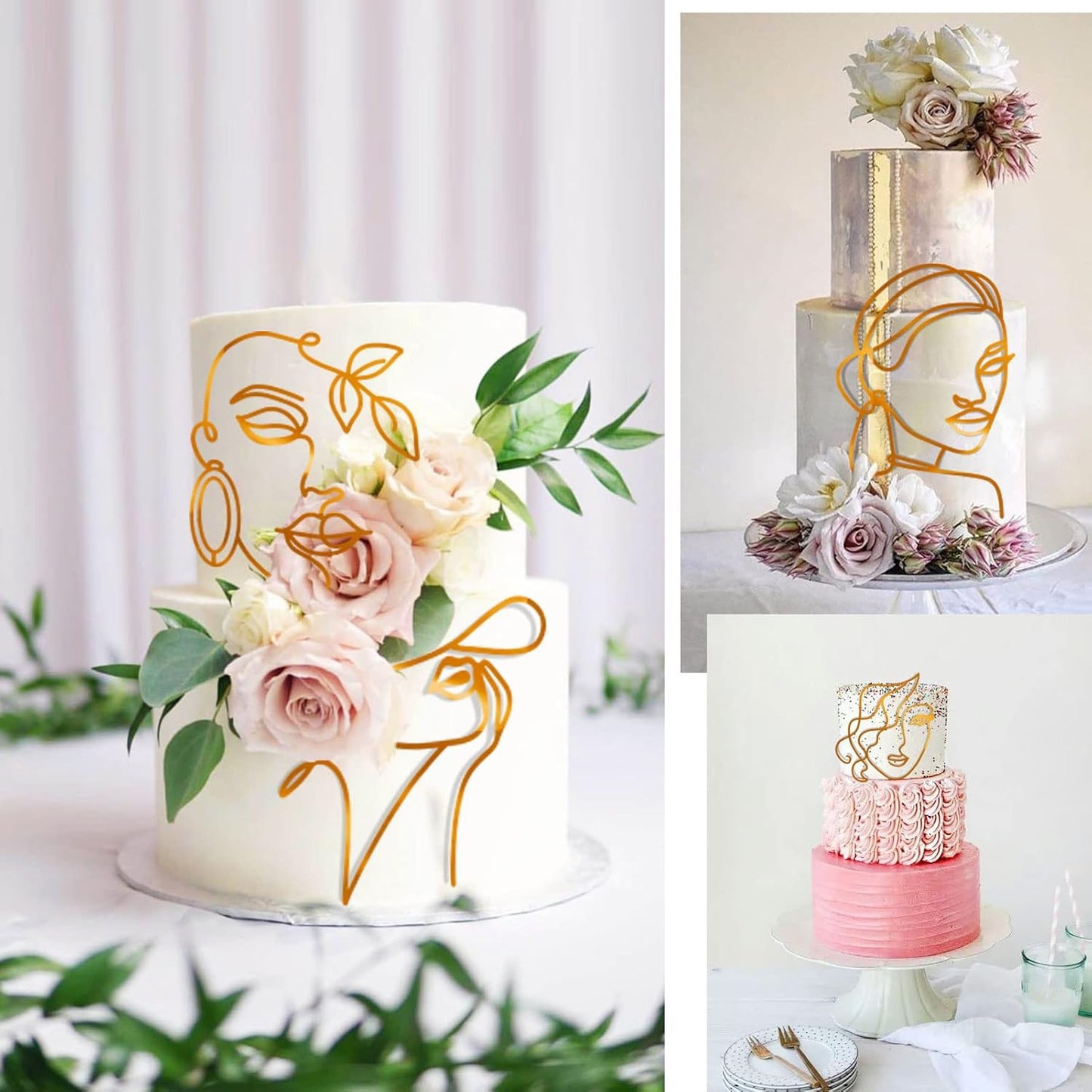 12 Pcs Acrylic Lady Face Cake Topper Minimalist Art Happy Birthday Cake Toppers Women Wedding Cake Decoration for Wedding Birthday Party (Gold)