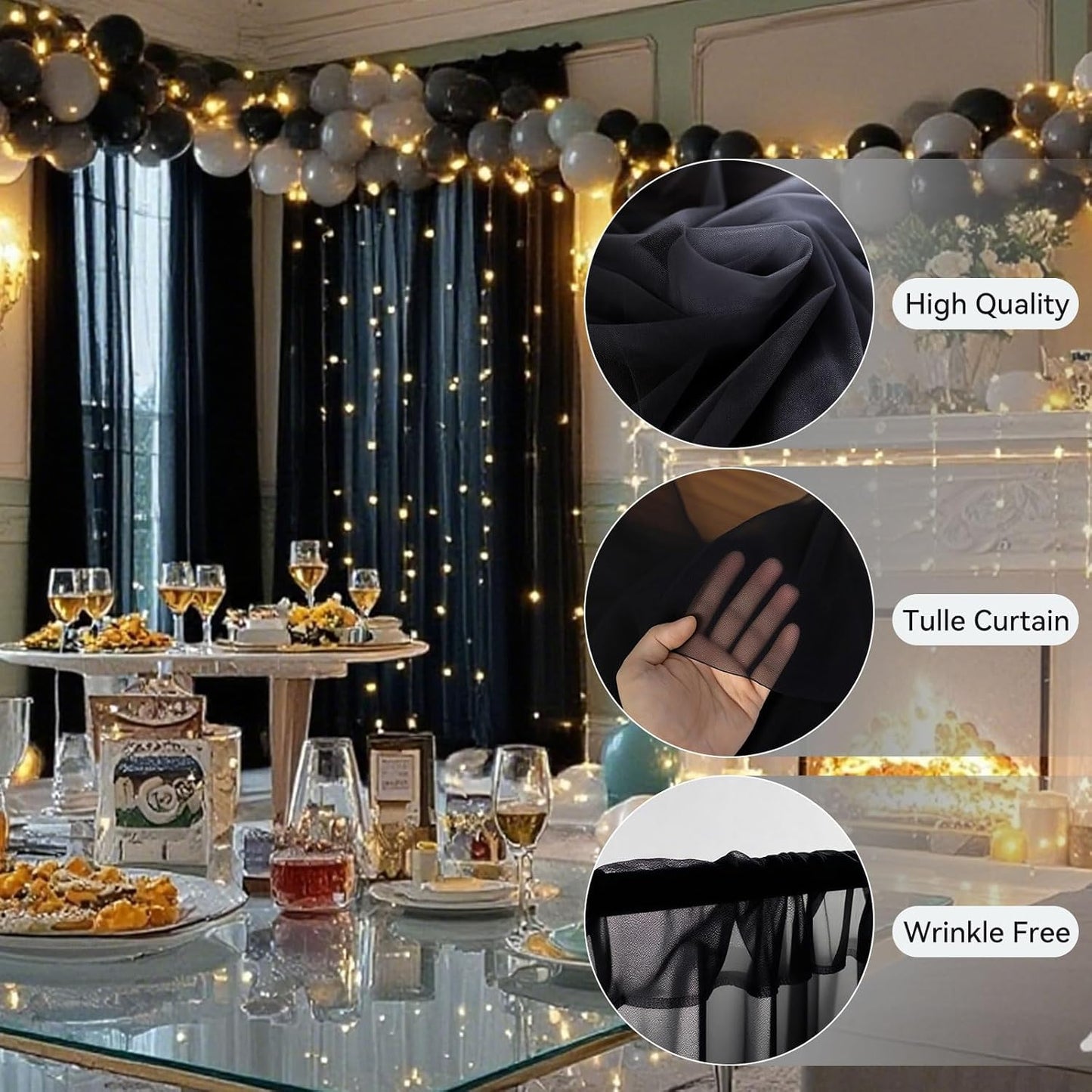 Ledido 10×8ft Tulle Backdrop Curtains with Lights String - 300LED Fairy Lights Sheer Curtain Backdrop for Weddings Baby Shower and Birthday Party Decorations(8 Panels 5×8ft)