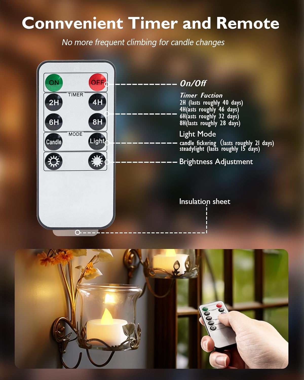 Homemory 24pcs Flameless LED Tea Lights with Remote & Timer, 400+Hours Realistic Flickering Battery Candles for Seasonal, Tabletop, and Centerpieces Decor