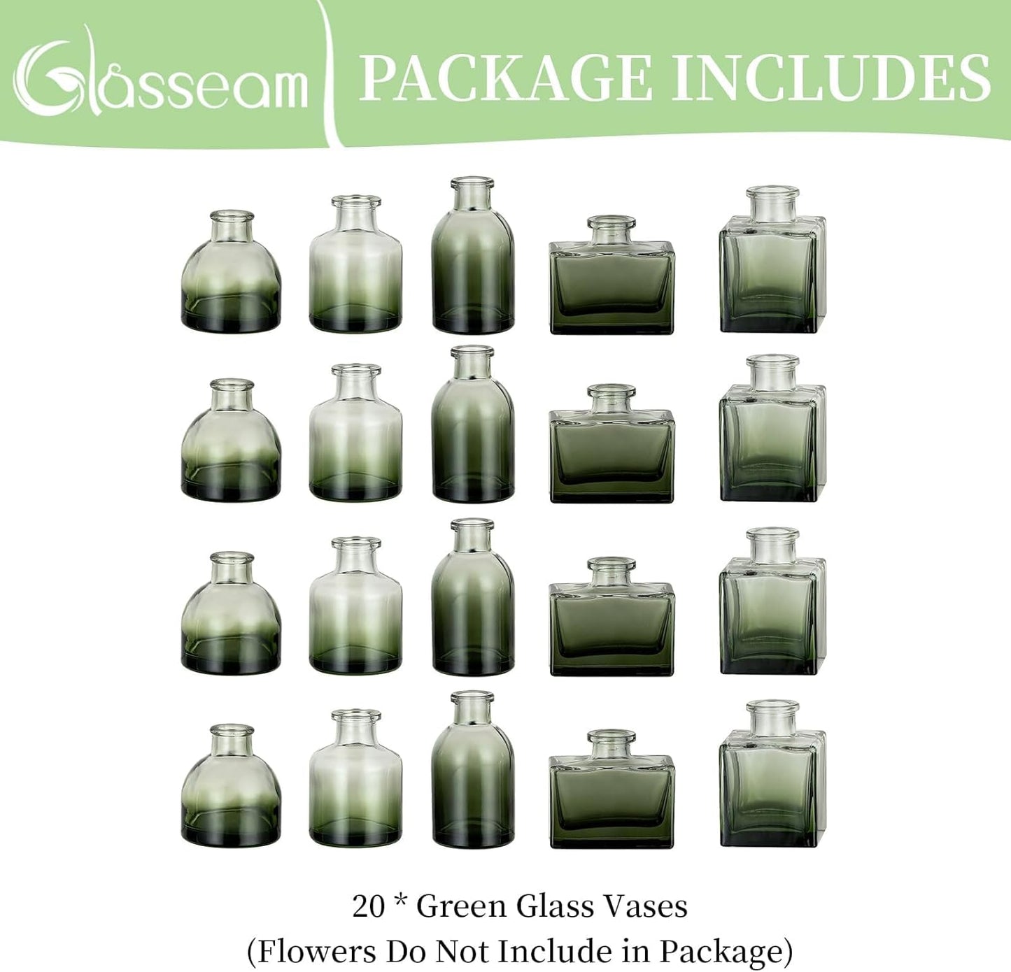 Glasseam Mini Bud Vases for Centerpieces: Clear Small Flower Vase Set of 20 Cute Tiny Glass Table Centerpieces Modern Wedding Birthday Party Baby Shower Dining Room Decoration Green