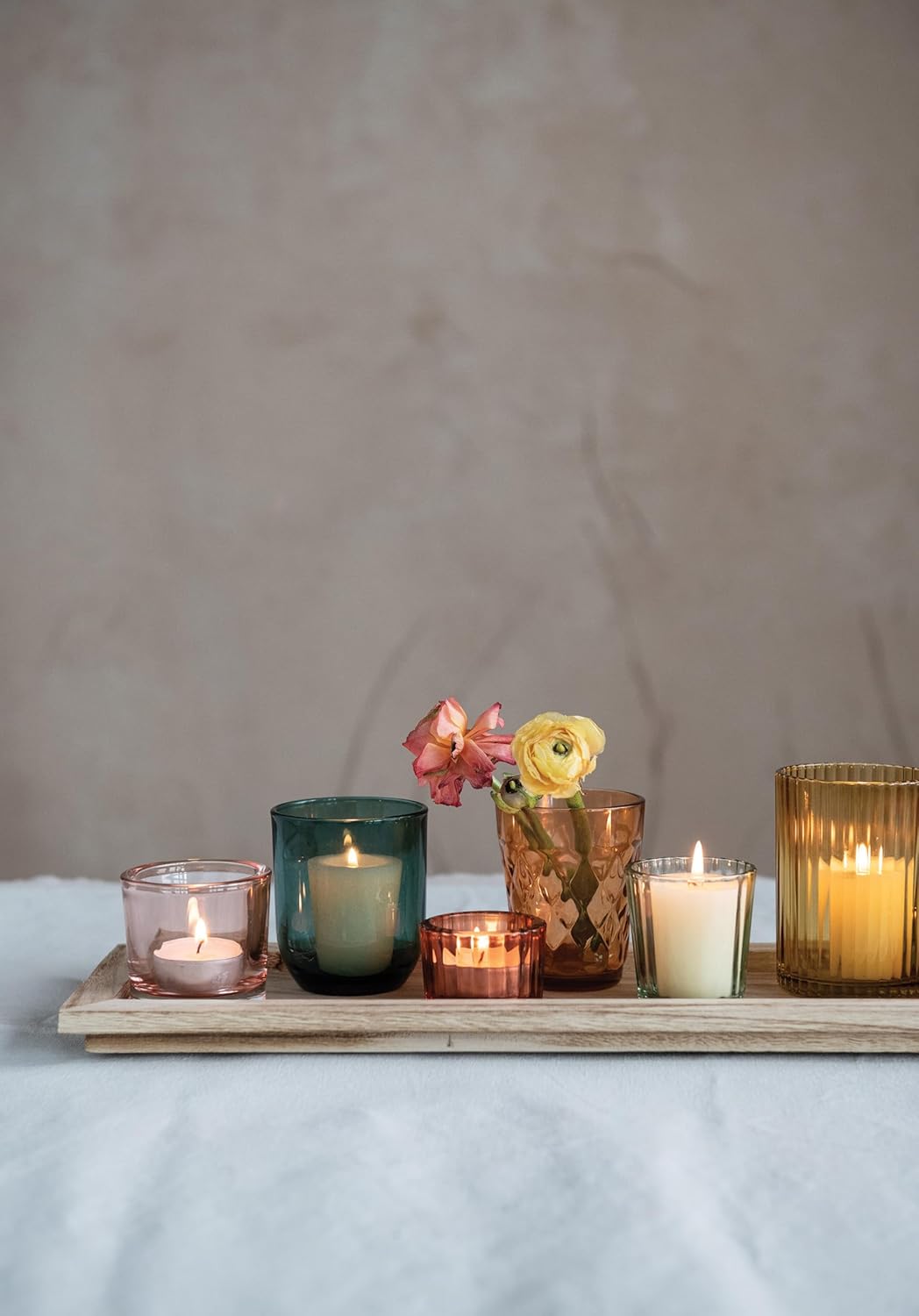 Creative Co-Op Round Glass Votive Holders on Wood Tray, Yellows & Greens, Set of 9