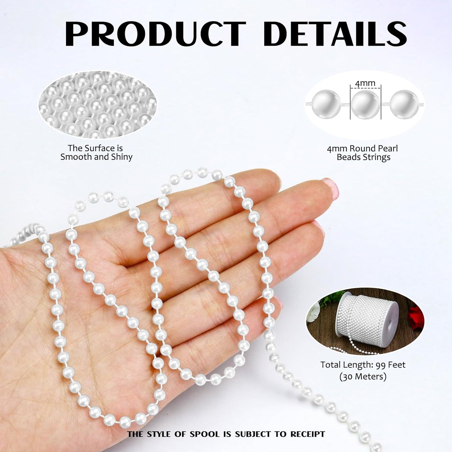 99 Feet 4mm Faux Pearl Strings Garland for Crafts, Artificial Pearl Beaded Trim Chain Strands for Wedding Centerpieces Bouquet Party Christmas Tree Decoration, White