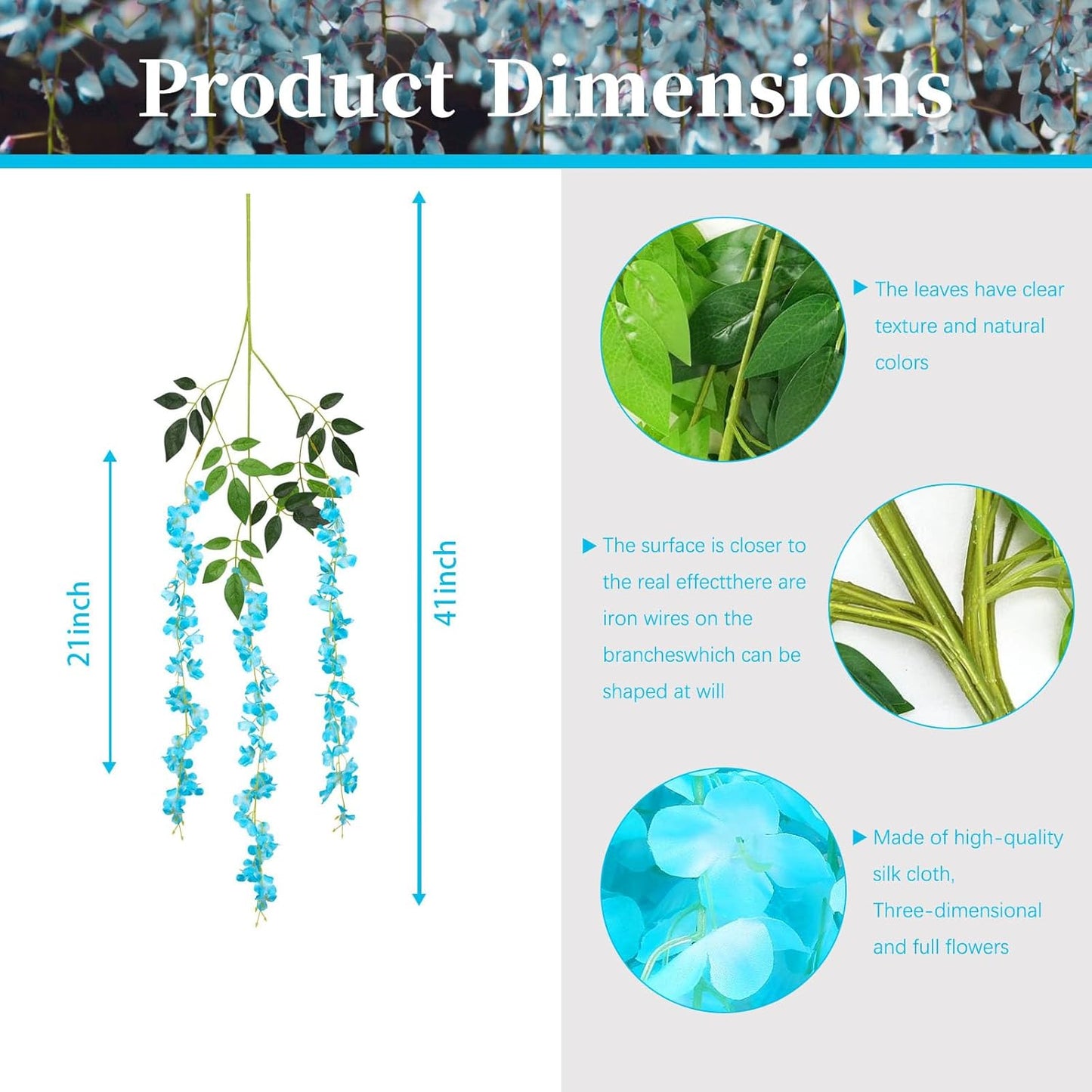 5 Pack Lake Blue Wisteria Hanging Flowers, 3.4 Ft Fake Hanging Flowers, Artificial Wisteria Garland Vines for Wedding Room Backdrop Outdoor Patio Garden Decoration