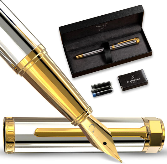 Ellington Pens Luxury Fountain Pen Set- Fountain Pens for Writing - Smooth Extra Fine Nib - Includes Refillable Ink Converter, 3 Ink Cartridges [Black & Blue], Gift Box - Elegant Calligraphy