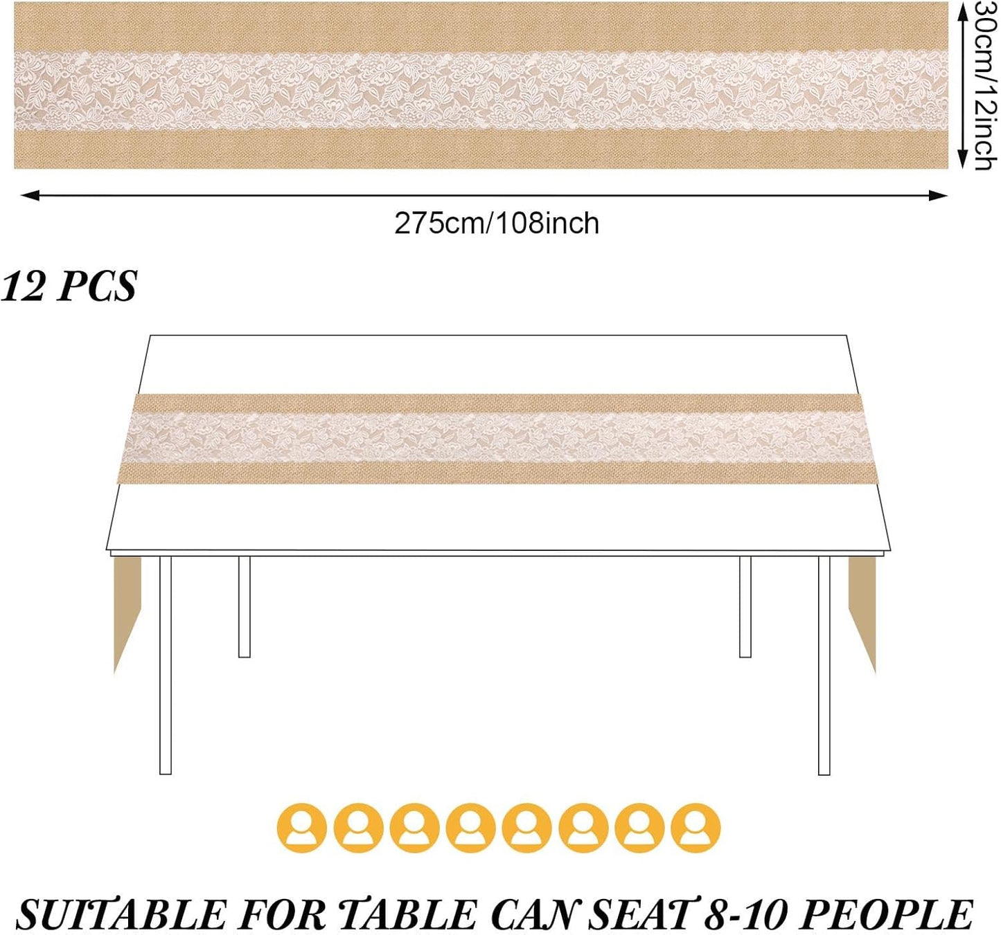 Xinnun 12 Pcs Burlap Table Runner with Lights 12 x 108 Inches Burlap Lace Table Runner Rustic Wedding Decorations Home Party (Flower)