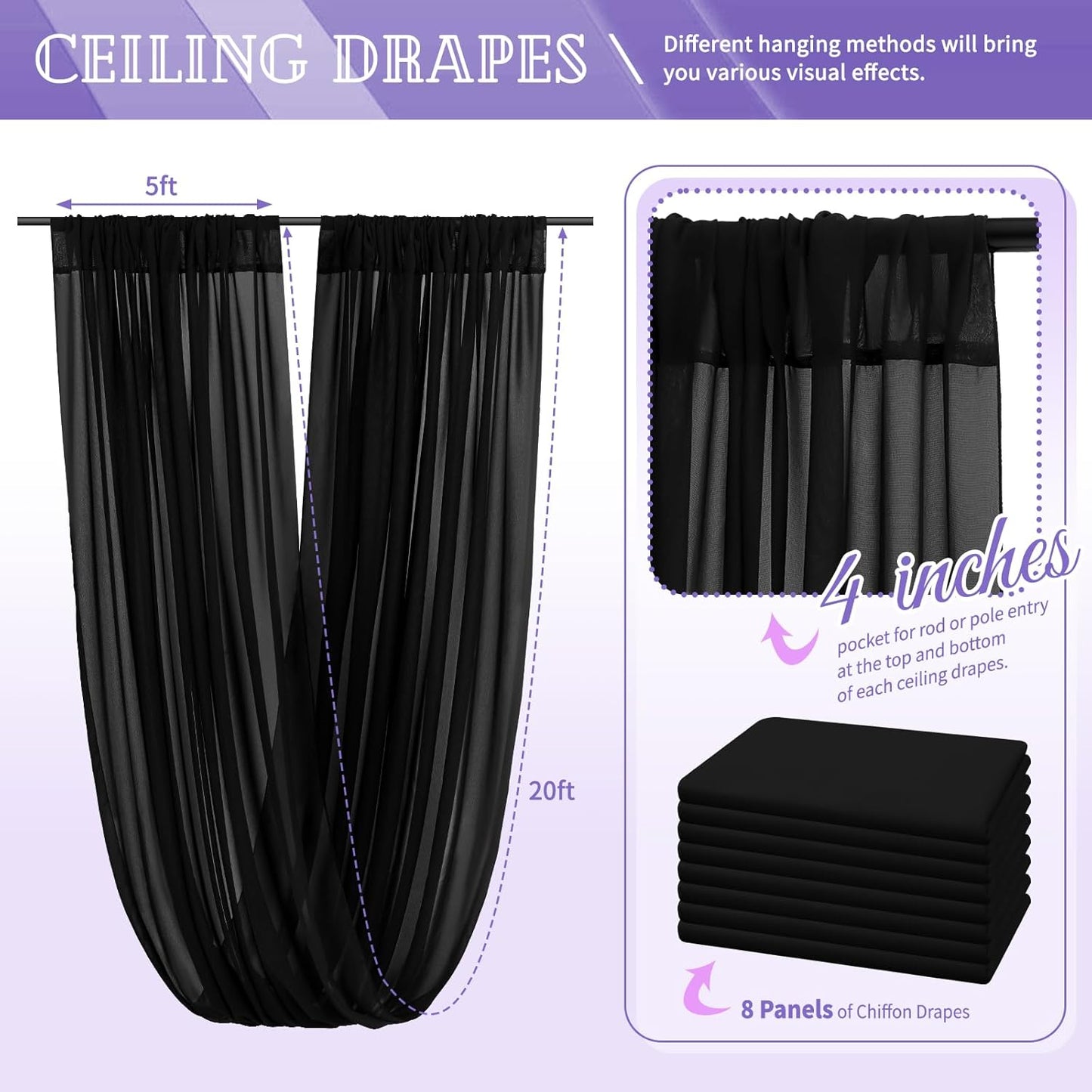 8 Panels Black Ceiling Drapes for Wedding 5ftx20ft Sheer Drapery Chiffon Fabric Arch Draping Curtains for Party Ceremony Birthday Baby Shower Reception Stage Ceiling Decorations