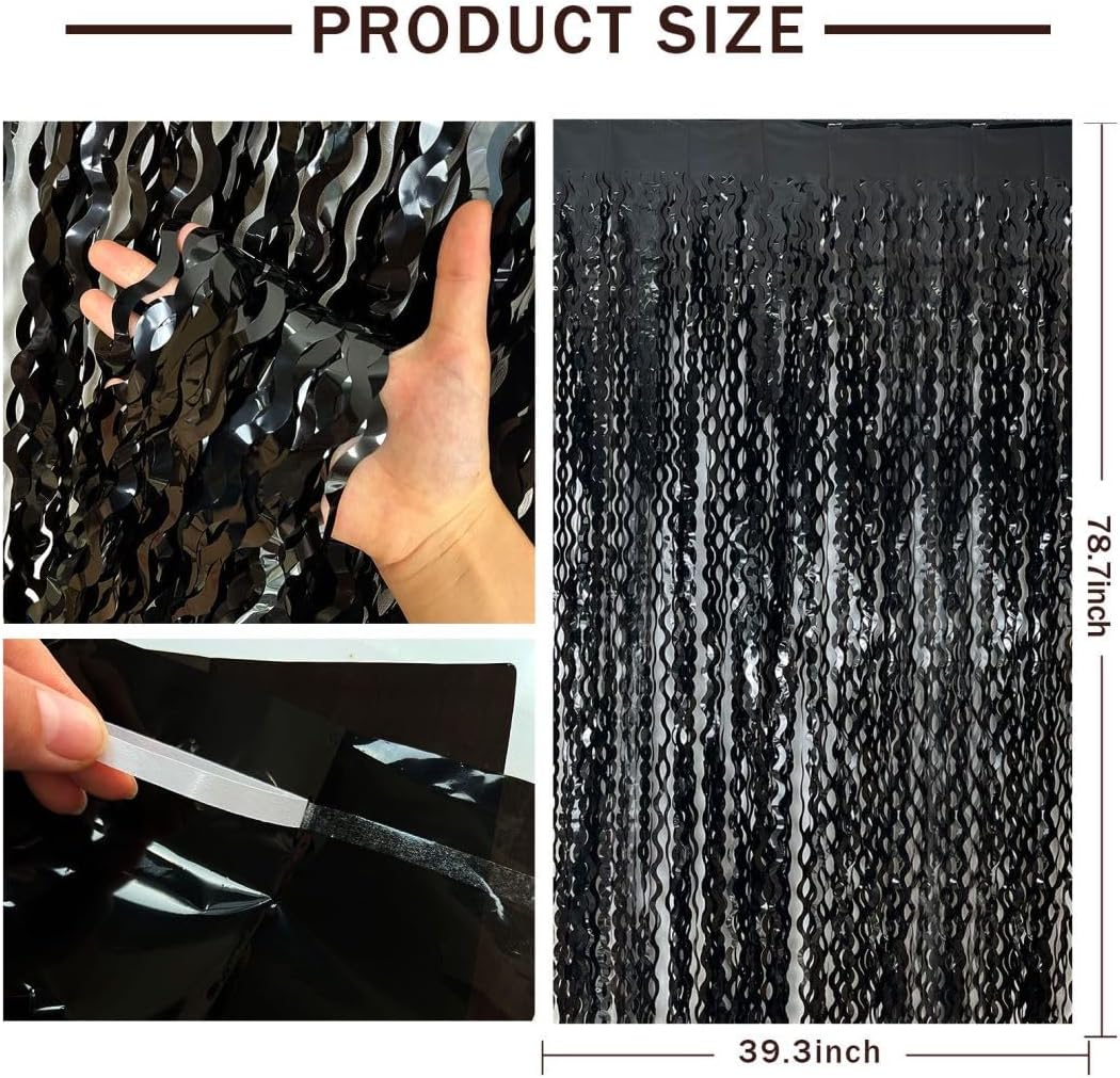 Black Fringe Curtain Party Streamers 5Pcs Foil Fringe Backdrop Curtains Wave Tinsel Streamers Black Party Decorations Door Streamers for Birthday Wedding Bridal Shower Halloween Decor