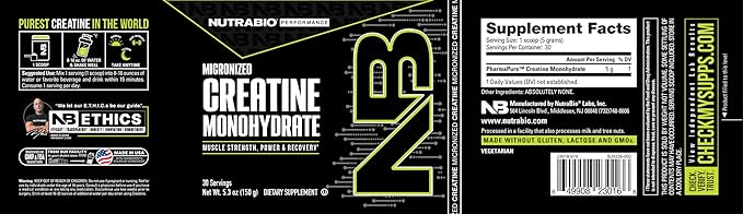 NutraBio Pure Micronized Creatine Monohydrate Powder Supplement, Unflavored, (150 g) - Supports Bulk Muscle Energy, Recovery, and Strength - HPLC Tested Creatine Powder Supplement for Men and Women