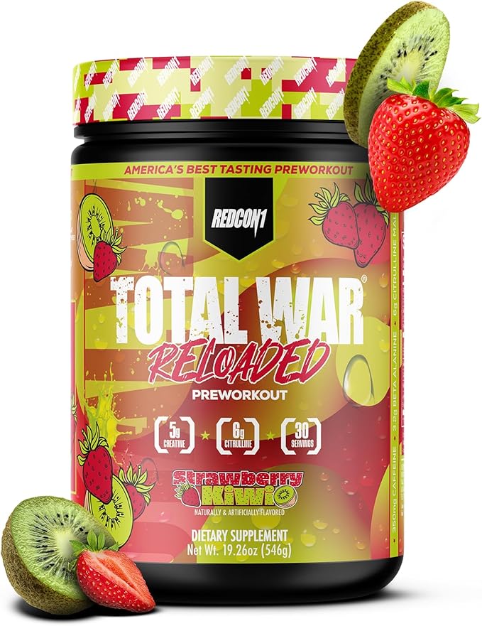 REDCON1 Total War Reloaded Pre Workout Powder, Strawberry Kiwi - Creatine, Beta Alanine + L-Citrulline Malate Keto Friendly for Men & Women with 350mg of Caffeine - Fast Acting (30 Servings)