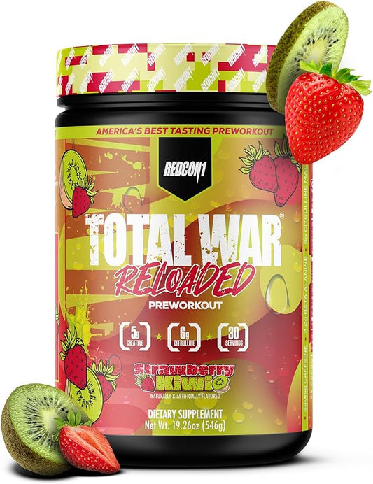 REDCON1 Total War Reloaded Pre Workout Powder, Strawberry Kiwi - Creatine, Beta Alanine + L-Citrulline Malate Keto Friendly for Men & Women with 350mg of Caffeine - Fast Acting (30 Servings)