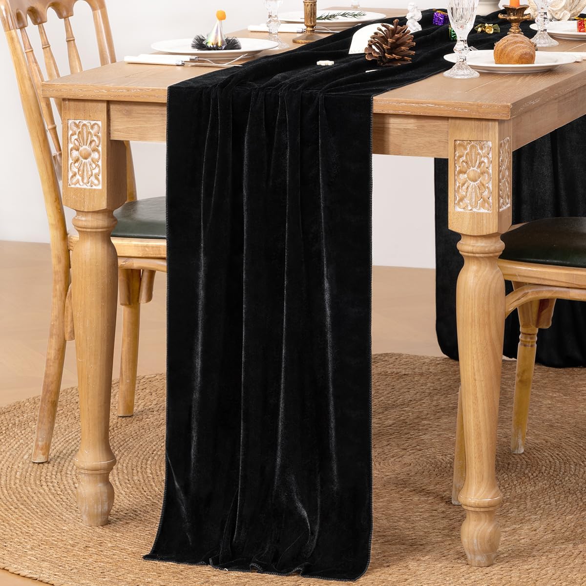 MLMC 2 Pack Black Velvet Table Runner 10ft Glossy Luxury Velvet Fall Table Runner 20x120 Inches Wedding Runner for Bridal Shower Birthday Party Halloween Decor