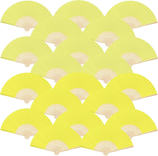 FEPITO 20 Pieces Handheld Yellow Paper Fan Paper Folding Fans with Bamboos for Wedding Gift, Party, Home