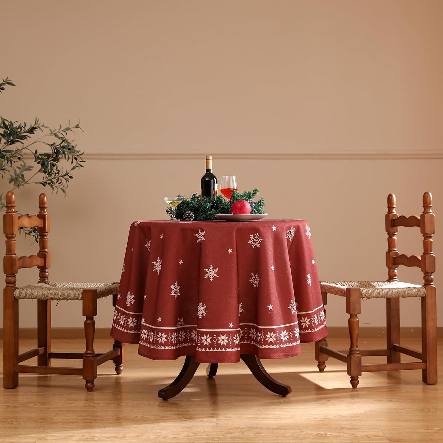 ISAENNE Designer Christmas Red Small Round Tablecloth,Linen Table Cloth with Snowflakes Pattern,Wrinkle Resistant Decor Tablecloths for Dining Kitchen Thanksgiving Christmas,Diameter 55"-Carol C