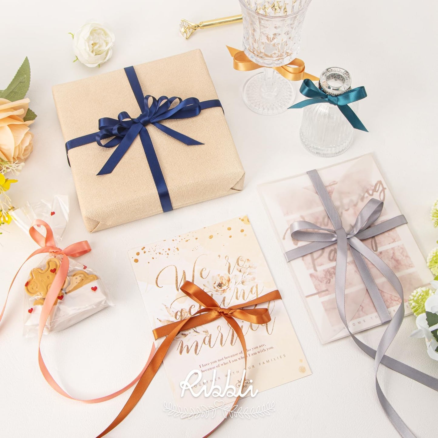 Ribbli Double Faced Silver Satin Ribbon,3/8” x Continuous 25 Yards,Use for Bows Bouquet,Gift Wrapping,Floral Arrangement