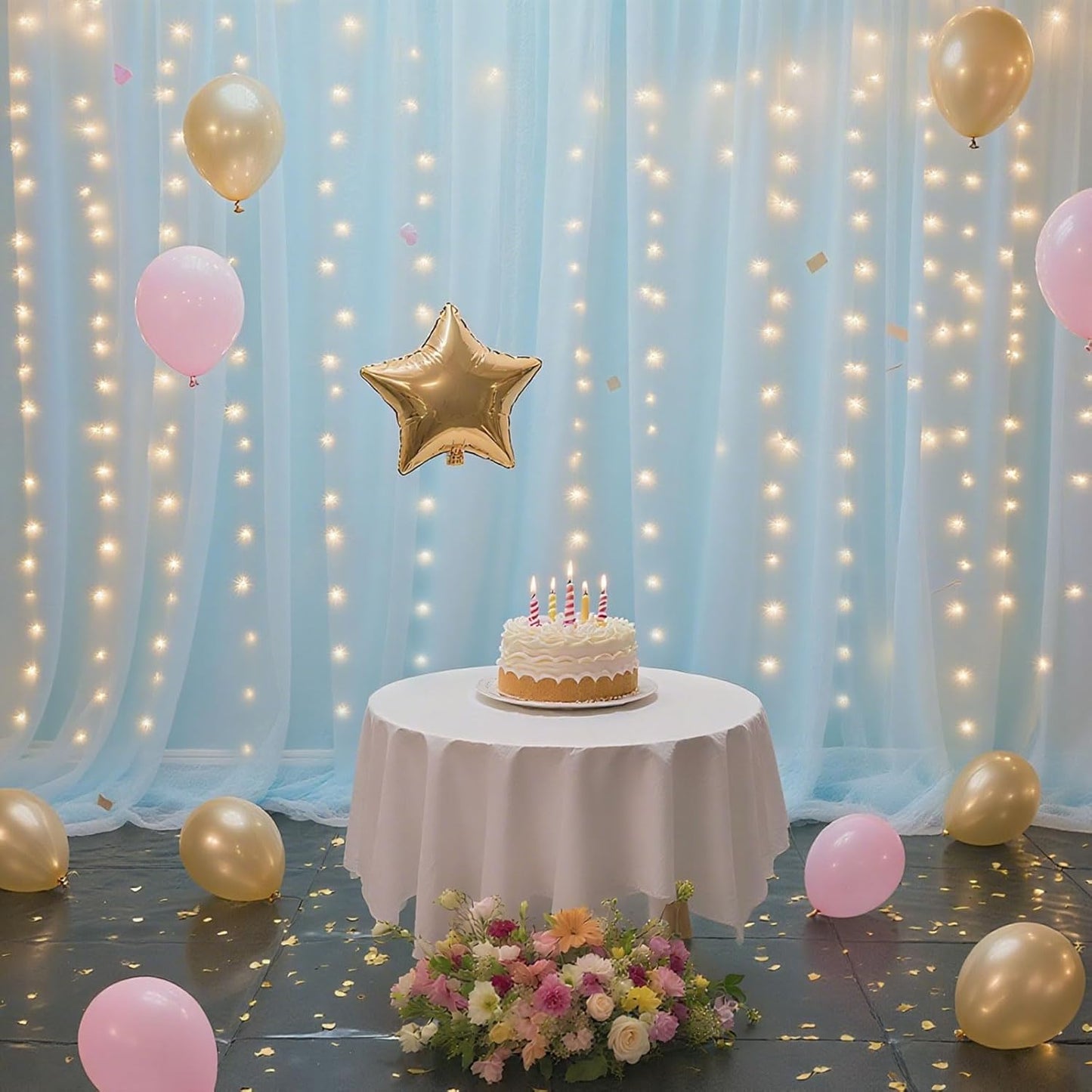 10×8ft Tulle Backdrop Curtains with Lights String - 300LED Fairy Lights Sheer Curtain Backdrop for Weddings Baby Shower and Birthday Party Decorations( 2 Panels 5×8ft)