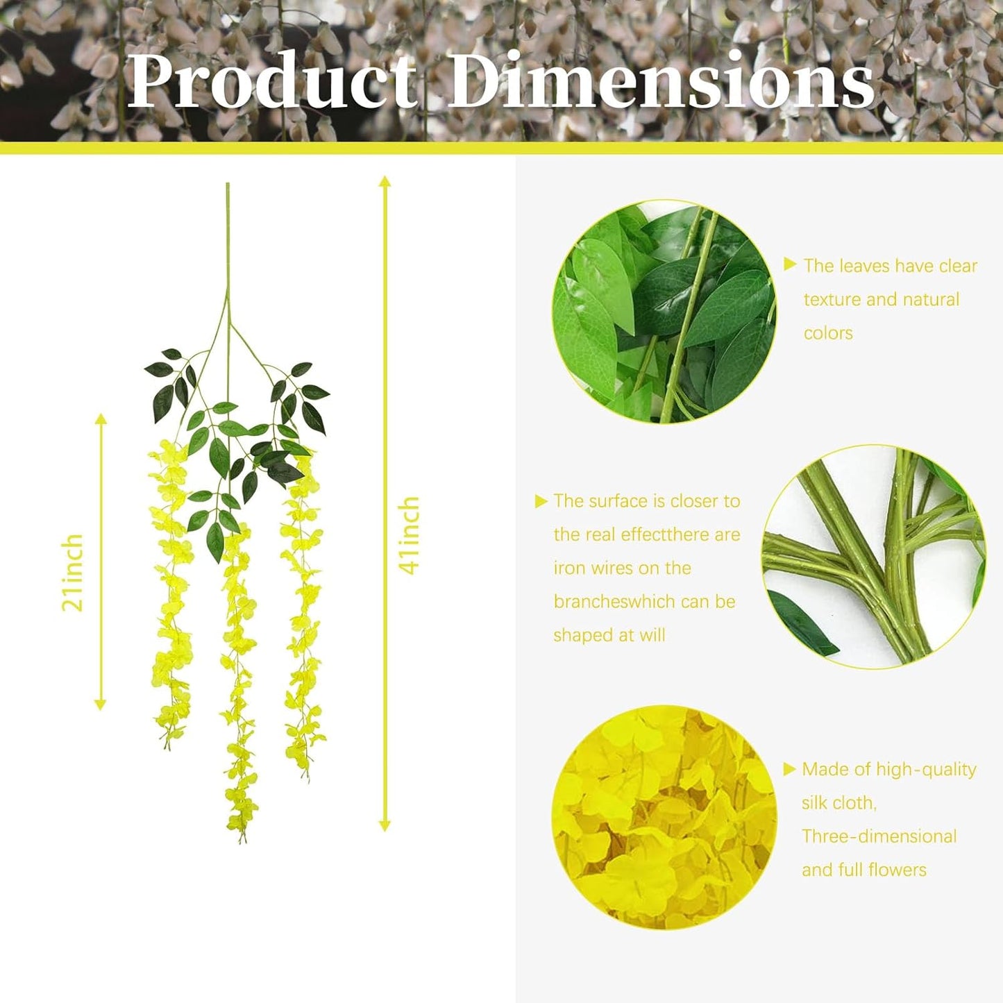 24 Pack Yellow Wisteria Hanging Flowers, 3.4 Ft Fake Hanging Flowers, Artificial Wisteria Garland Vines for Wedding Room Backdrop Outdoor Patio Garden Decoration